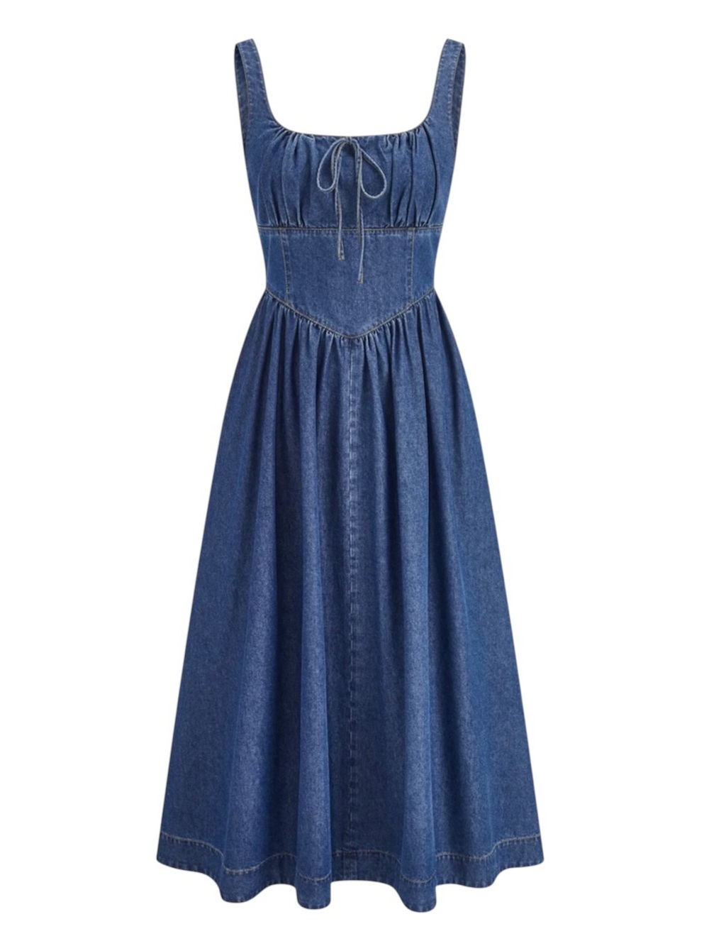 Commense Blue Denim Square Neck Tie Front Cotton Blend Midi Dress Small NWT - Picture 2 of 11